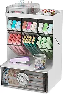 Pen Organizer with Drawer, 6 Compartments Desk Pencil Holder for Stationery & Craft, Multi-Purpose Art Supply Organizers for Office Desktop, Vanity, Bathroom, Pantry & Home Storage