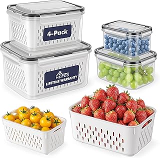HOTEC 4-Pack Large Fruit Storage Container for Fridge Leak proof with Removable Colander, BPA Free Dishwasher & microwave safe Largest 3.15L