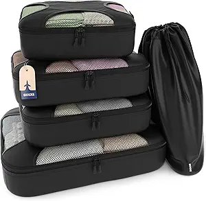 Shacke Packing Cubes for Travel 5 Set - Luggage Organizer Bags for Suitcase - 4 Cubes + Laundry Bag - Water-Resistant Nylon - Pure Black