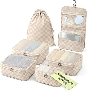 Vandel Space-Saving Compression Packing Cubes for Women with Hanging Toiletry Bag, Laundry Bag, Compressible Carry On Suit Case Organizer Luggage Packing Cubes for Travel Compression Organizer Bags