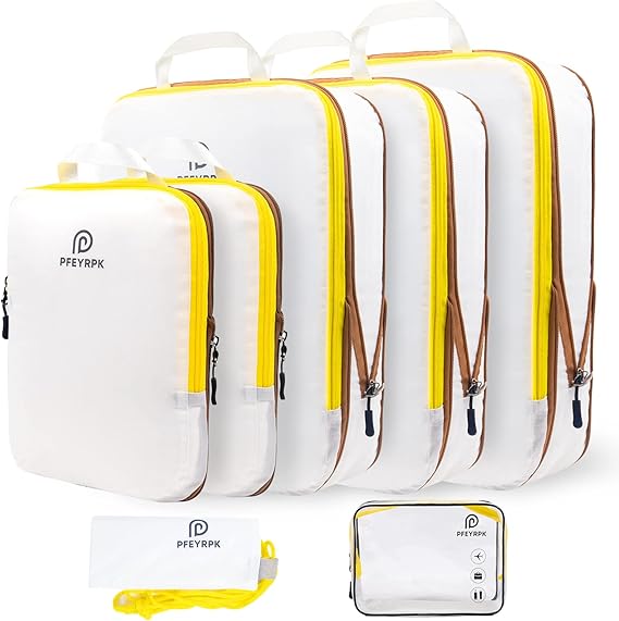 PFEYRPK Lightweight Compression Packing Cubes for Suitcases, Compressible Expandable Travel Packing Organizer with Clear Toiletries and Backpack Bag, Travel Essentials for Carry on Luggage 7 Set